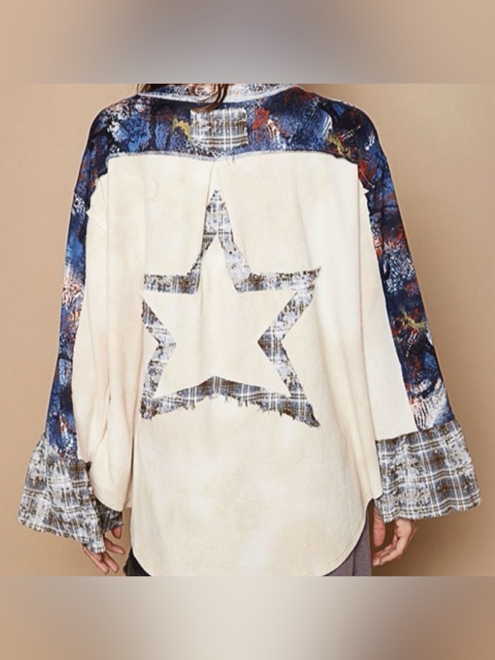 NWOT POL Cream Star Patch Long Bell Sleeve Shirt, Size Large - Picture 2 of 10